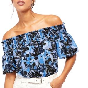 FREE PEOPLE Womens Navy Printed Off Shoulder Blouse L